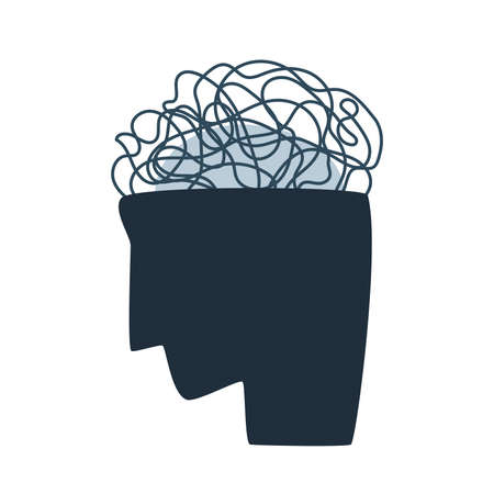 Human head with confused thoughts inside. Mental disorder, anxiety, chaotic thought process, confusion and depression creative abstract concept. Minimalistic flat vector illustration.のイラスト素材
