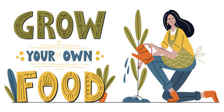 Grow your own food hand drawn poster with young woman watering a plant. Motivational phrase, hand...