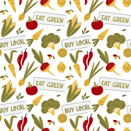 Vegetables seamless pattern. Healthy food background. Farm fresh, eat green, organic food, eco vegetables. Vegetarian, farm grocery store vector illustration. Healthy food isolated on white.のイラスト素材
