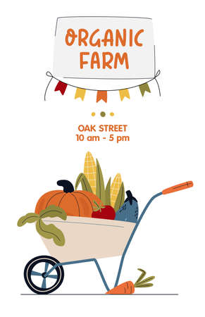 Organic farm banner, poster template. Garden wheelbarrow with seasonal vegetables and hand lettering sign. Eat local concept. Buy fresh organic products from the local farmer's market.のイラスト素材