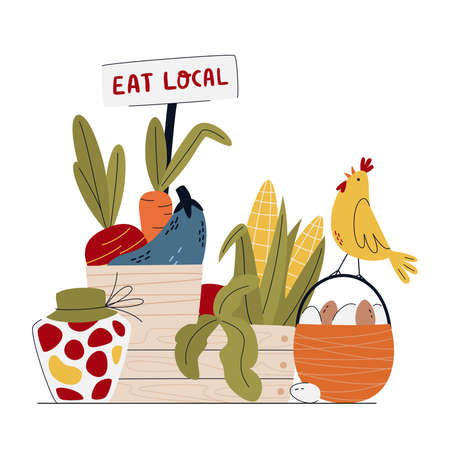 Eat local concept. basket and boxes with seasonal vegetables, pickles and eggs. Hand lettering sign Eat Local. Buy fresh organic products from the local farmer's market.のイラスト素材
