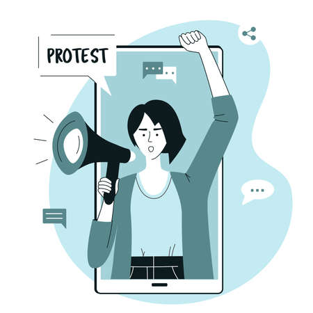 Digital Online Protest Concept. Woman on Huge Smartphone Screen shouting through megaphon. Character...