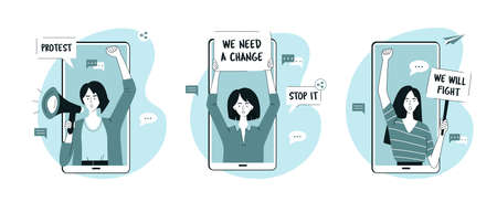 Digital Online Protest Concept Set. Women on Huge Smartphone Screen Protesting with Placard and...