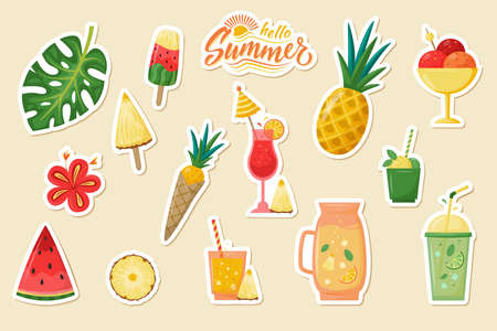 Big set of Summer stickers: fruits, drinks, ice-cream, leaves. patches, badges, pins. Bright summer collection. Scrapbooking collection for beach party, cafe, menu. isolated on white.のイラスト素材