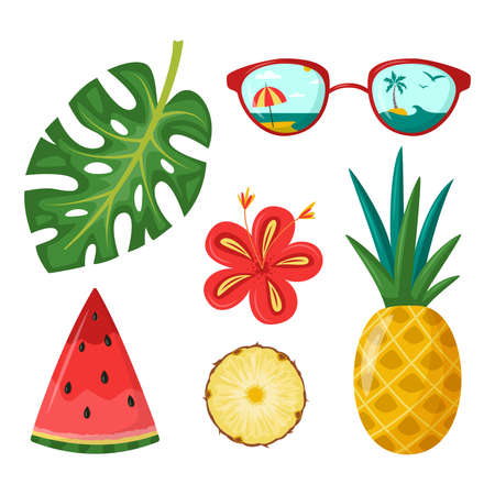 Summer elements: monstera leaves, fruits, sunglasses, flower. Set of stickers, patches, badges, pins. Bright summer collection. Scrapbooking elements for beach party. isolated on white.のイラスト素材