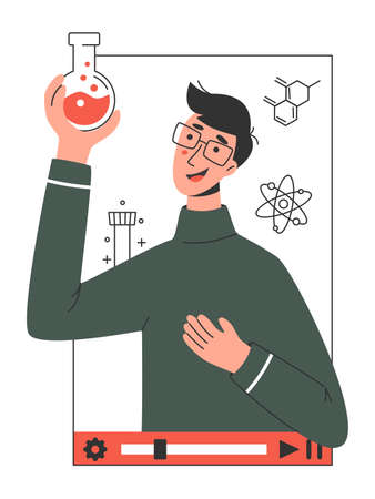 Online Education Concept. Training, Courses, Learning, Video tutorials, Chemistry Lesson. Online teacher on a computer monitor. Minimalist Flat Vector Illustration.のイラスト素材