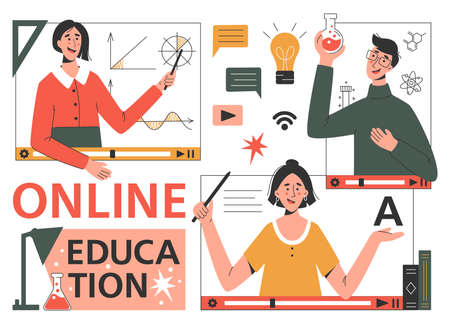 Online Education Concept. Training, Courses, Learning, Video tutorials. online teachers. Lettering composition. Minimalist Flat Vector Illustration.のイラスト素材