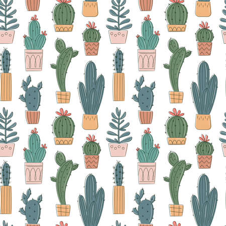 Vector seamless pattern with hand drawn cactus and succulents. Cacti in pots. Beautiful floral design elements, perfect for prints and surface. Repeating hand drawn background.のイラスト素材