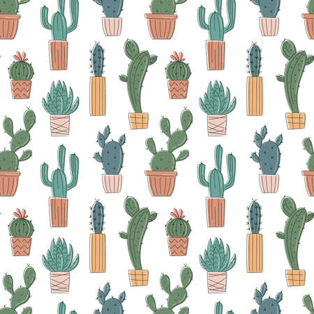 Vector seamless pattern with hand drawn cactus and succulents. Cacti in pots. Beautiful floral...