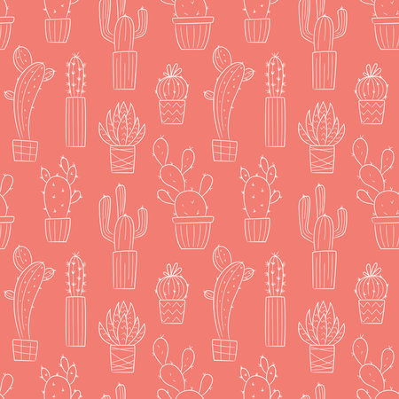 Vector seamless pattern with outline hand drawn cactus and succulents on coral background. Cacti in pots. Beautiful floral design elements, perfect for prints and surface.のイラスト素材