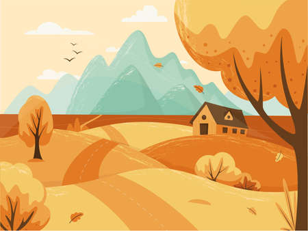 Autumn Nature park or forest outdoor background with mountains. landscape with foliage. Autumn holiday concept. Flat cartoon style vector illustration.のイラスト素材
