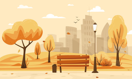 Autumn city park with foliage and city silhouette. Bench in fall city park, autumn holidays concept in flat cartoon style. city park landscape banner. vector illustration.のイラスト素材