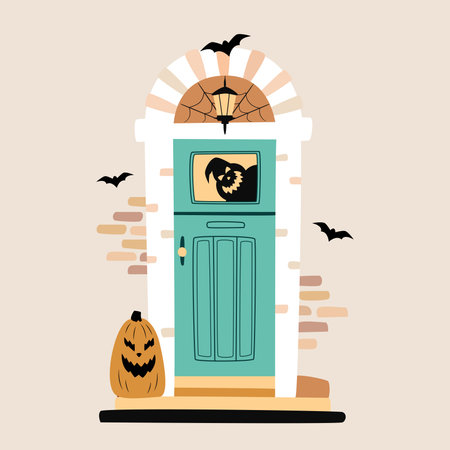 Halloween design. Entrance door decorated for Halloween. Carved pumpkin, bats, spiderweb and ghost silhouette near front door. vector illustration.のイラスト素材
