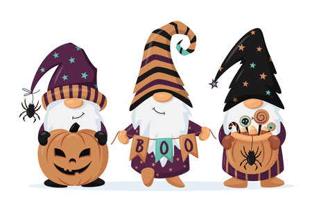 Hand drawn cute gnomes in Halloween disguise with a pumpkin, sweets, garland. T shirt design vector, Holiday greeting card. For flyers, invitations, posters. Happy Halloween Vector illustration.のイラスト素材