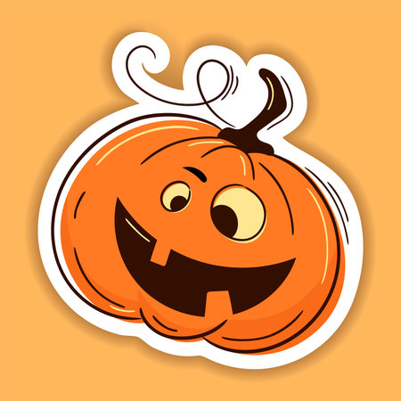 Halloween vector sticker. One line hand drawn Halloween emoticon pumpkin. Jack o Lantern. Funny face isolated on white, cute pumpkins. Doodle for logo, poster, emblem. cartoon styleのイラスト素材