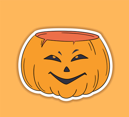 Halloween vector sticker. One line hand drawn Halloween emoticon pumpkin. Jack o Lantern. Funny face isolated on white, cute pumpkins. Doodle for logo, poster, emblem. cartoon style.のイラスト素材