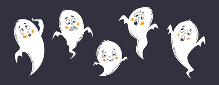 Set of Halloween stickers. One line hand drawn Halloween emoticon ghosts. Funny little cute ghosts. Doodle for logo, poster, emblem. cartoon style.のイラスト素材