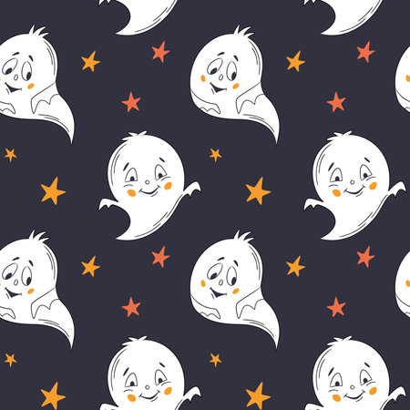 Seamless halloween pattern with funny ghost on dark background. Ð¡ute hand drawn ghost. For scrapbook digital paper, textile print, page fill. Vector illustrationのイラスト素材