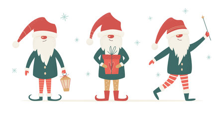 Set of Scandinavian Nordic Gnome, cute Christmas Santa Elves. Vector illustration for Xmas Card, Seasons greetings.のイラスト素材