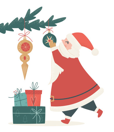 Santa Claus is decorating a Christmas tree. Vector vintage illustration of cute traditional Xmas character with gifts. Winter holiday design element for Greeting card, bannerのイラスト素材