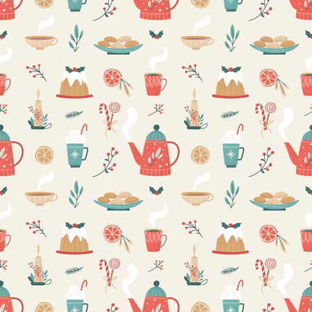 Winter seamless pattern with teapot, cookies, cups and candles in trendy vintage style. Christmas and Happy New Year concept. Vector design for cafe, kitchen, xmas menu, wrapping paper, cards, textile.の写真素材