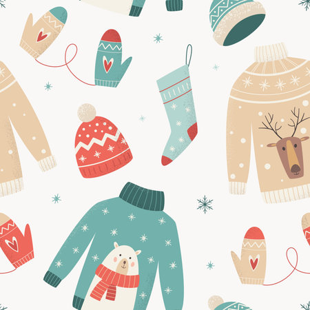 Winter seamless pattern with hats, socks, mittens and sweaters in trendy vintage style. Christmas, Happy New Year, winter holidays concept. vector design.のイラスト素材