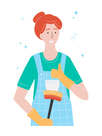Cleaning service concept, girl in apron and rubber gloves, smiling positive doing happy thumbs up gesture with hand. health protection.のイラスト素材