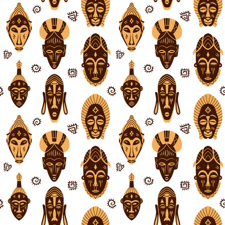 Tribal African face masks Seamless Pattern. Traditional bushmen aborigines of Africa. Ethnic symbol masks. vector illustration.のイラスト素材