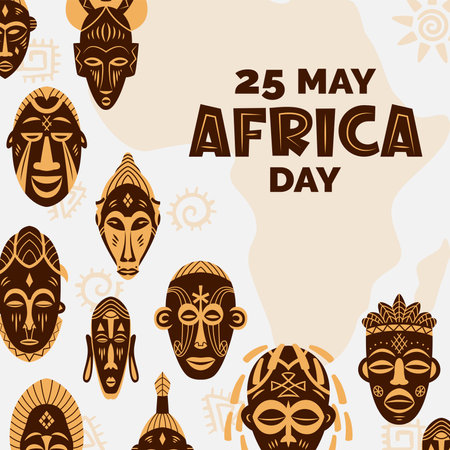 Africa Day concept with Africa silhouette and ethnic tribal ritual masks. Ethnic and Tribal Motifs. hand drawn. For poster, card, banner, print, flyer. vector illustration.のイラスト素材
