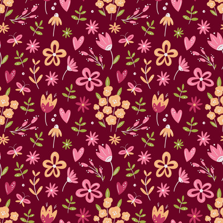 Floral seamless pattern in pink on dark magenta background. For surface or textile design, covers, wallpapers, print. Spring holidays, wedding or birthday cards, mother day greetings.のイラスト素材