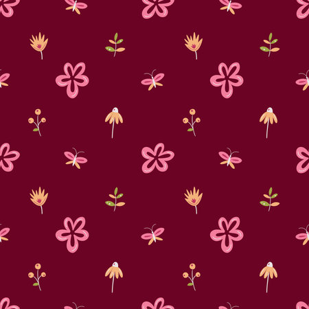 Floral seamless pattern in pink on dark magenta background. For surface or textile design, covers, wallpapers, print. Spring holidays, wedding or birthday cards, mother day greetings.のイラスト素材