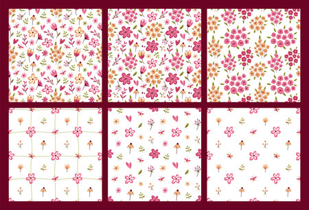 Set of floral seamless patterns in pink and viva magenta colors. For surface or textile design, covers, wallpapers, print. Spring holidays, wedding or birthday cards, mother day greetings.のイラスト素材