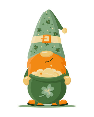 Hand drawn cute gnome in St Patrick's disguise with pot of gold. Irish gnome with shamrocks on hat for good luck. Vector illustration for cards, decor, shirt design, invitation, banner.のイラスト素材