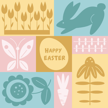 Happy Easter or spring themed motifs poster in Modern geometric abstract style. For Holiday covers, posters, banners, greeting cards. Cute bunny, chick, egg, flowers in pastel colors.のイラスト素材