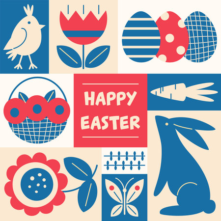 Happy Easter or spring themed motifs poster in Modern geometric abstract style. For Holiday covers, posters, banners, greeting cards. Cute bunny, chick, egg, flowers in bright colors.のイラスト素材