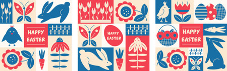 Set of Happy Easter or spring themed motifs poster in Modern geometric abstract style. For Holiday covers, posters, banners, greeting cards. Cute bunny, chick, egg, flowers in bright colors.のイラスト素材