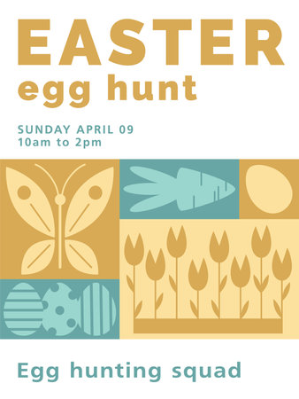 Happy Easter or spring themed motifs poster in modern geometric abstract style. Easter Egg Hunt. Holiday covers, posters. Cute bunny, eggs, flowers, carrots in pastel colors.のイラスト素材