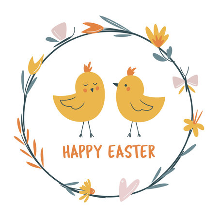 Happy Easter vector card. Hand-drawn design of Spring greeting card. Square card with chicks and floral wreath with flowers and butterfly.のイラスト素材