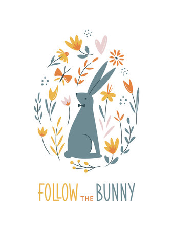 Happy Easter vector card. Hand-drawn design of Spring greeting card. Easter egg with rabbit, flowers and butterfly. Follow the Bunny hand lettering sign.のイラスト素材