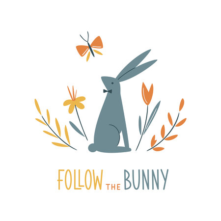 Easter vector card. Hand-drawn design of Spring greeting card. Square card with rabbit, flowers and butterfly. Follow the Bunny hand writing sign.のイラスト素材