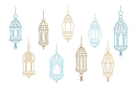 Arabic traditional Ramadan Kareem eastern lanterns. islamic art. Muslim holiday lantern. Symbols of Ramadan Mubarak, arabic lamps, art vector and illustration.のイラスト素材