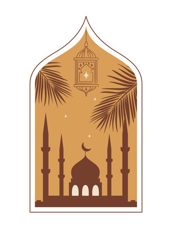 Oriental style Islamic window, arch with lantern, mosque, palms and stars. For islamic holiday. Ramadan tradition. Eid-al-Fitr greeting.のイラスト素材