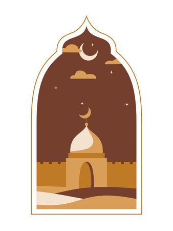 Oriental style Islamic window, arch with moon, mosque and stars. Town in a desert. For islamic holiday. Ramadan tradition. Eid-al-Fitr greeting.のイラスト素材