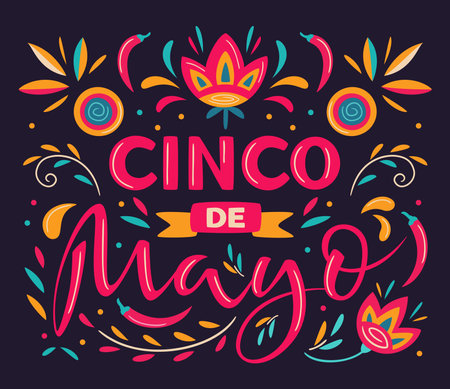 Cinco de Mayo, May 5, federal holiday in Mexico. Fiesta vector banner design with Mexican floral traditional elements. Ornate folk graphic. Lettering ornamental sign for poster, greeting card.のイラスト素材