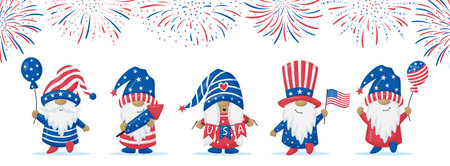 Patriotic Gnome set in Red and Blue and fireworks. Scandinavian Nordic Gnomes to celebrate 4th of July Day. For greeting card, invitation, t shirt print, web design. vector cartoon illustration.のイラスト素材