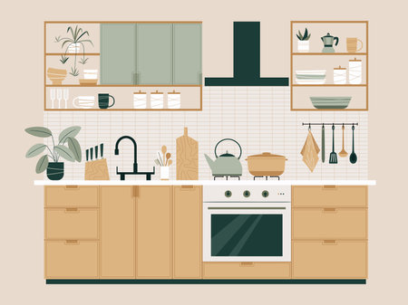 Kitchen interior with furniture and appliances in flat style. Modern interior design. sustainable lifestyle.のイラスト素材