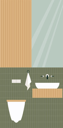 Bathroom interior design in minimalistic flat vector illustration. Bathroom cabinet, and hanging toilet, sink, mirror, furniture and accessories. Japandi or Scandinavian interior style.のイラスト素材