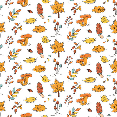 Autumn seamless colorful pattern with maple, oak, alder and rowan leaves, fly agaric, chanterelle and honey mushrooms. fall season background.のイラスト素材