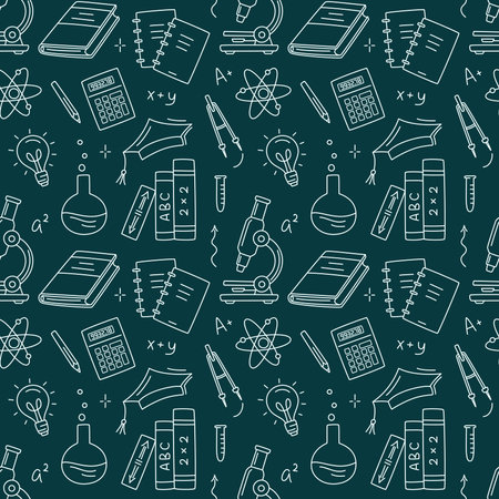 Back to school seamless pattern with microscope, divider, graduation hat, chemical flask, books, notebooks, lightbulb in doodle style. Vector Monochrome line sketch pattern on dark background.のイラスト素材