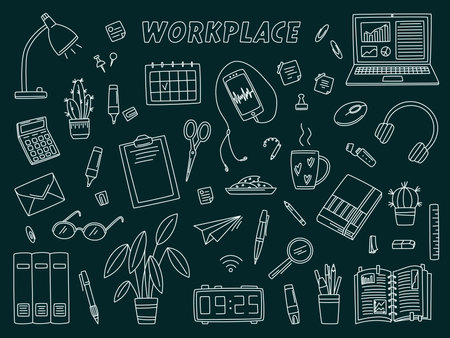 Workspace doodle set with lamp, smartphone, laptop, cactus, marker, books, pen, calculator, sticker, calendar in doodle style. Vector line sketch on dark background.のイラスト素材